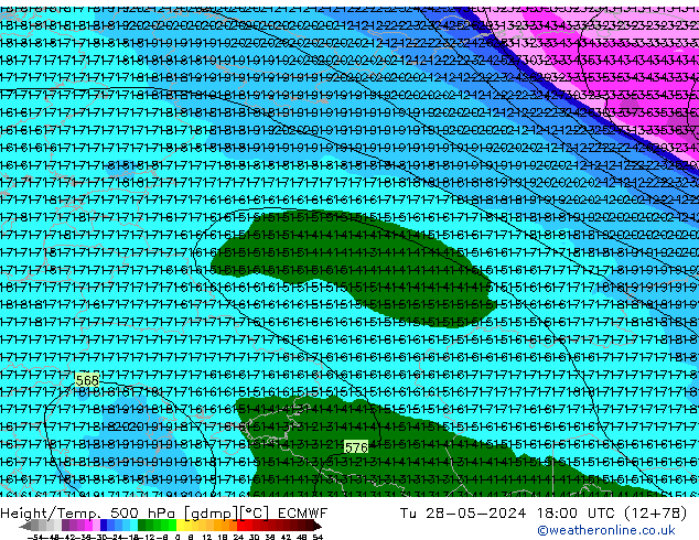 Height/Temp. 500 hPa ECMWF Tu 28.05.2024 18 UTC