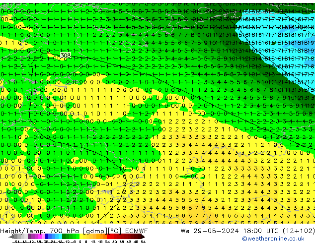 Height/Temp. 700 hPa ECMWF Qua 29.05.2024 18 UTC