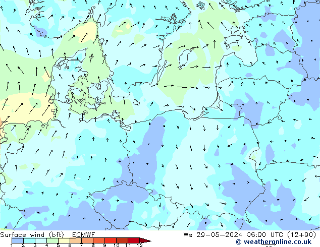 Viento 10 m (bft) ECMWF mié 29.05.2024 06 UTC