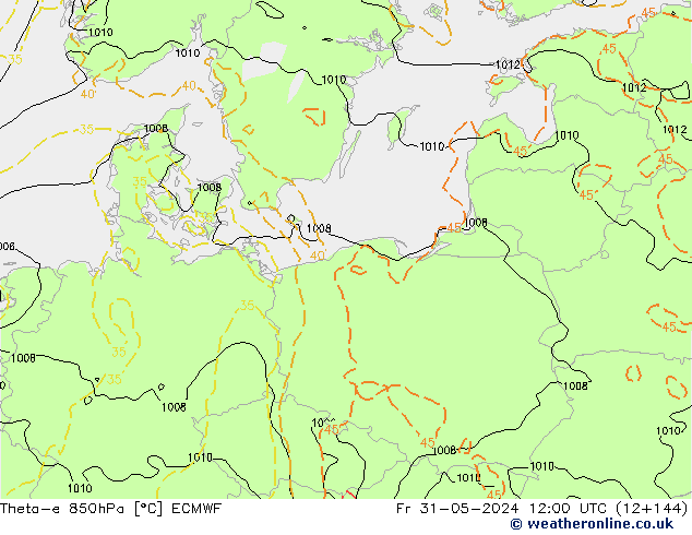 Theta-e 850hPa ECMWF Pá 31.05.2024 12 UTC