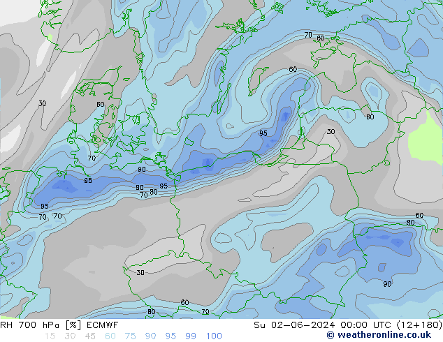 RH 700 hPa ECMWF Dom 02.06.2024 00 UTC