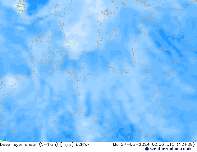 Deep layer shear (0-1km) ECMWF Po 27.05.2024 03 UTC