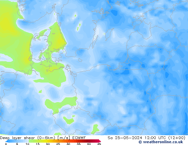 Deep layer shear (0-6km) ECMWF Sáb 25.05.2024 12 UTC