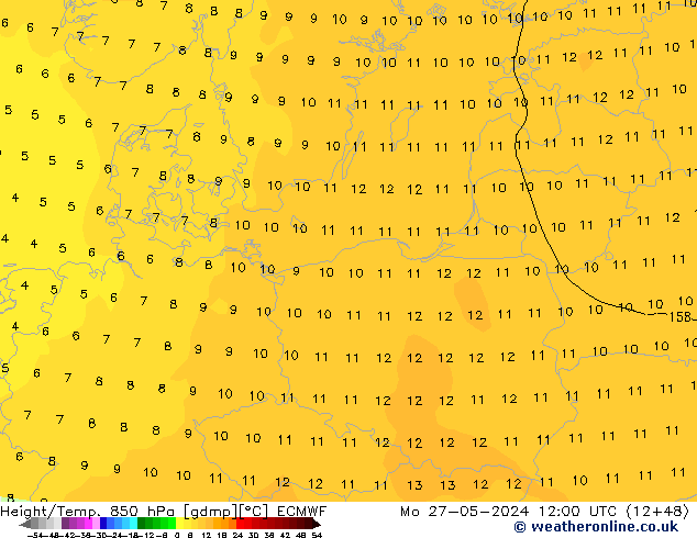 Z500/Rain (+SLP)/Z850 ECMWF Po 27.05.2024 12 UTC