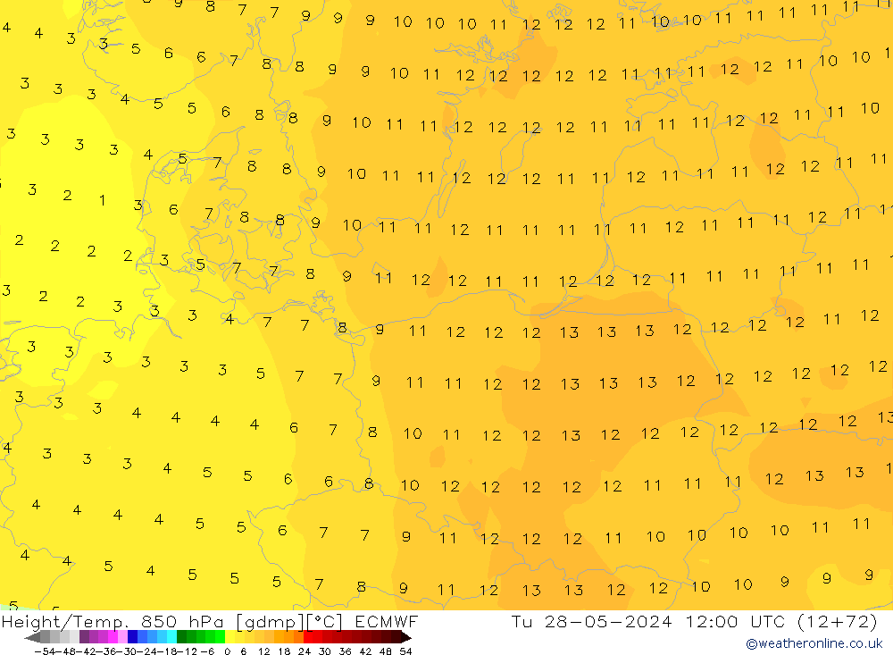 Z500/Rain (+SLP)/Z850 ECMWF Út 28.05.2024 12 UTC