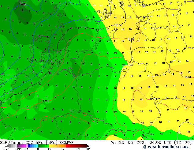 SLP/Temp. 850 hPa ECMWF wo 29.05.2024 06 UTC