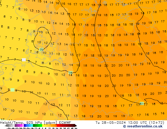 Height/Temp. 925 hPa ECMWF Tu 28.05.2024 12 UTC