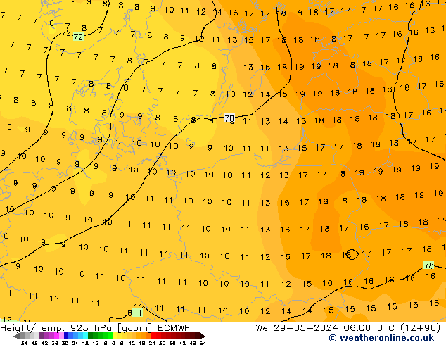 Hoogte/Temp. 925 hPa ECMWF wo 29.05.2024 06 UTC