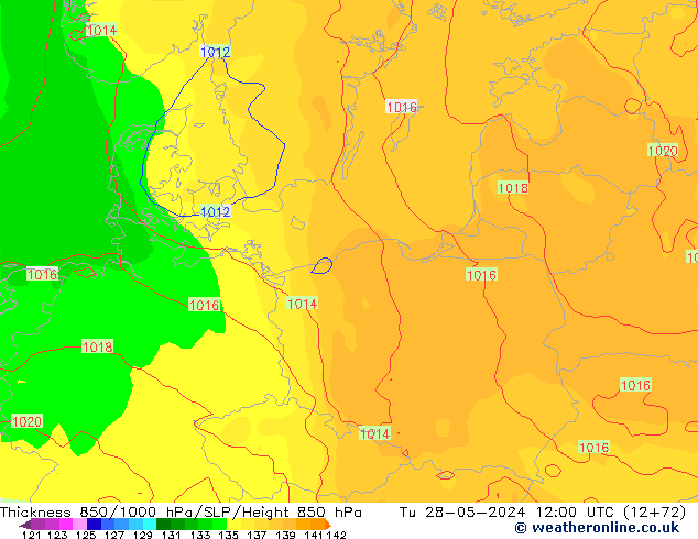 Thck 850-1000 hPa ECMWF Tu 28.05.2024 12 UTC