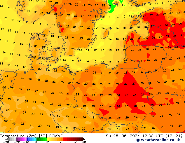 Temperatura (2m) ECMWF Dom 26.05.2024 12 UTC