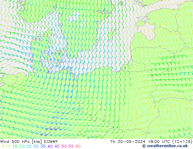 Wind 500 hPa ECMWF Do 30.05.2024 18 UTC