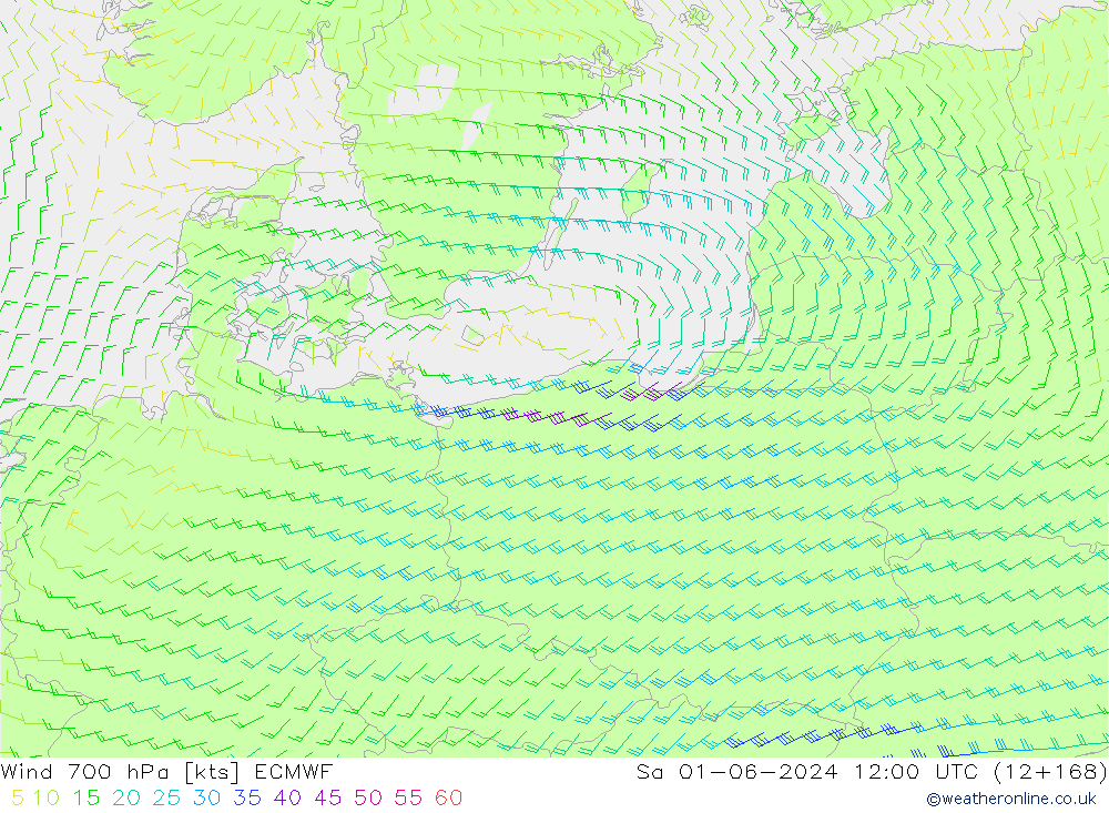 Rüzgar 700 hPa ECMWF Cts 01.06.2024 12 UTC