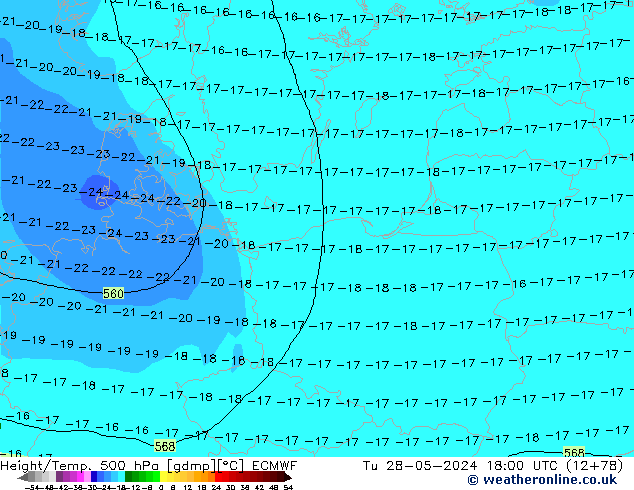 Z500/Rain (+SLP)/Z850 ECMWF wto. 28.05.2024 18 UTC