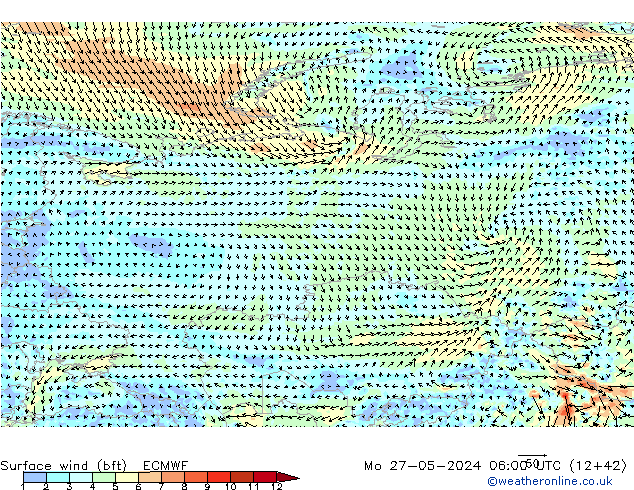 wiatr 10 m (bft) ECMWF pon. 27.05.2024 06 UTC