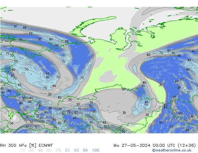 RH 300 hPa ECMWF pon. 27.05.2024 00 UTC