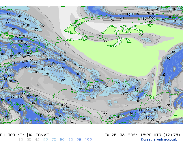 RH 300 hPa ECMWF Tu 28.05.2024 18 UTC