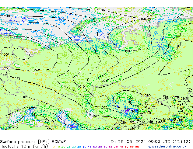 Isotachs (kph) ECMWF dim 26.05.2024 00 UTC