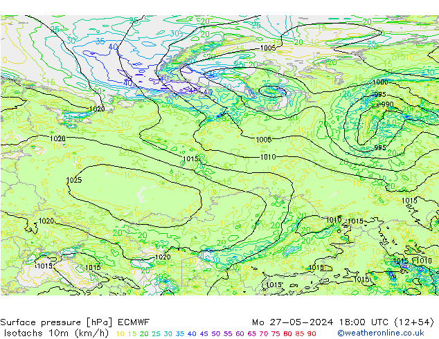 Isotachen (km/h) ECMWF Mo 27.05.2024 18 UTC