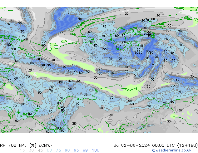 RH 700 гПа ECMWF Вс 02.06.2024 00 UTC