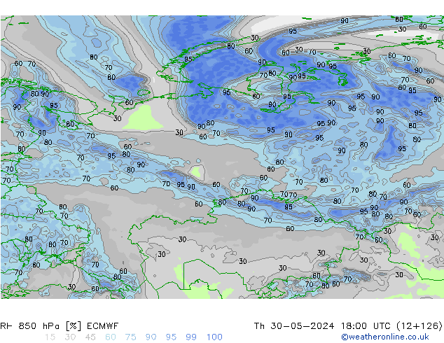 RH 850 hPa ECMWF Qui 30.05.2024 18 UTC