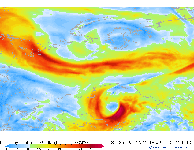 Deep layer shear (0-6km) ECMWF  25.05.2024 18 UTC