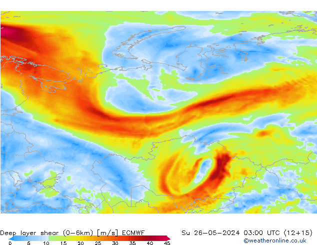 Deep layer shear (0-6km) ECMWF  26.05.2024 03 UTC