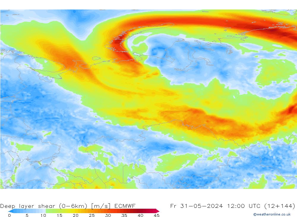 Deep layer shear (0-6km) ECMWF пт 31.05.2024 12 UTC