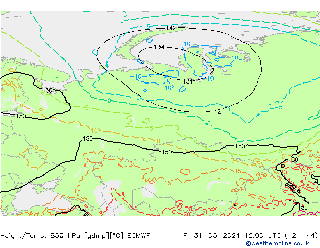 Hoogte/Temp. 850 hPa ECMWF vr 31.05.2024 12 UTC