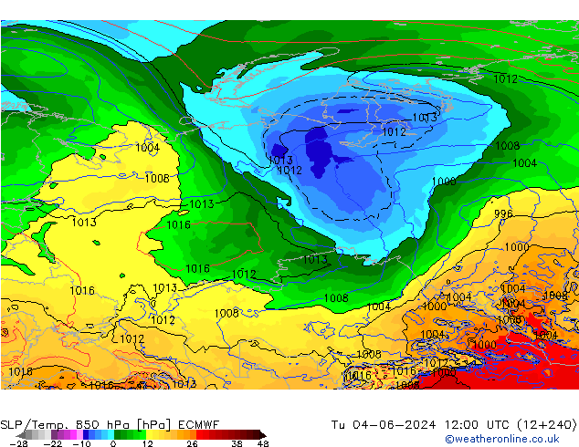 SLP/Temp. 850 гПа ECMWF вт 04.06.2024 12 UTC