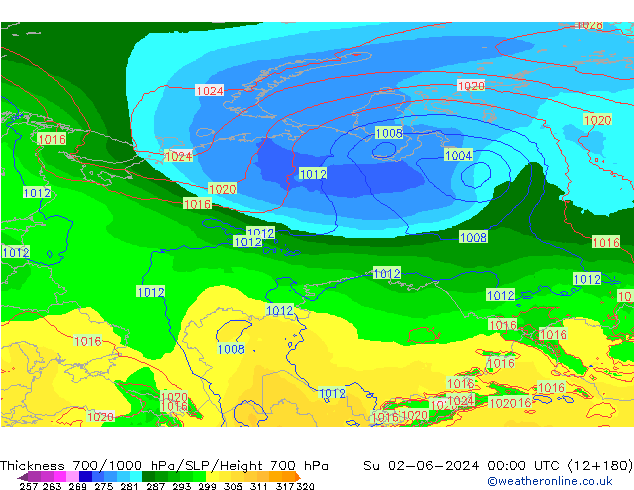 Espesor 700-1000 hPa ECMWF dom 02.06.2024 00 UTC