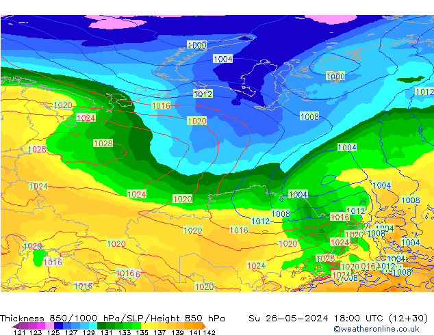 Thck 850-1000 hPa ECMWF Su 26.05.2024 18 UTC