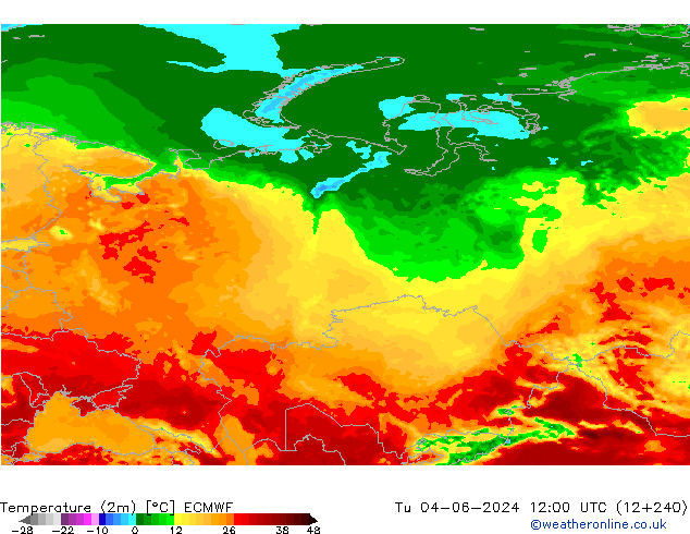 Temperature (2m) ECMWF Tu 04.06.2024 12 UTC