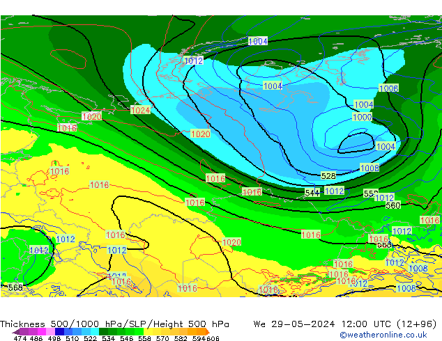 Thck 500-1000гПа ECMWF ср 29.05.2024 12 UTC