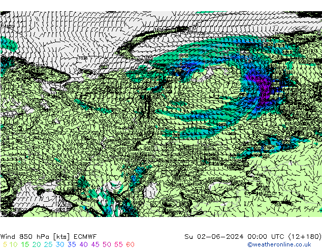 Viento 850 hPa ECMWF dom 02.06.2024 00 UTC