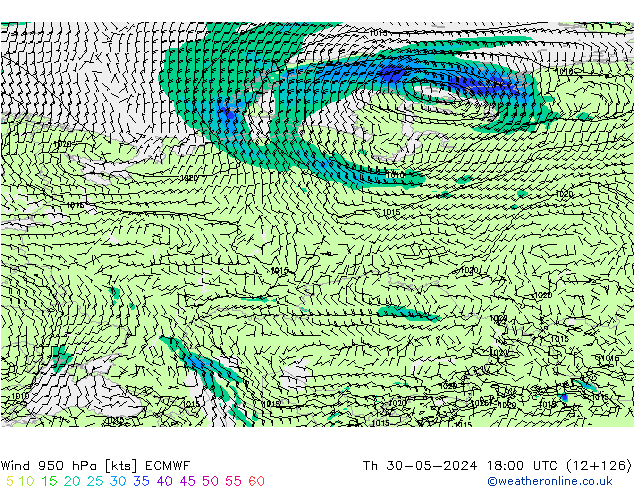 Wind 950 hPa ECMWF Do 30.05.2024 18 UTC