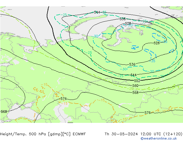 Hoogte/Temp. 500 hPa ECMWF do 30.05.2024 12 UTC