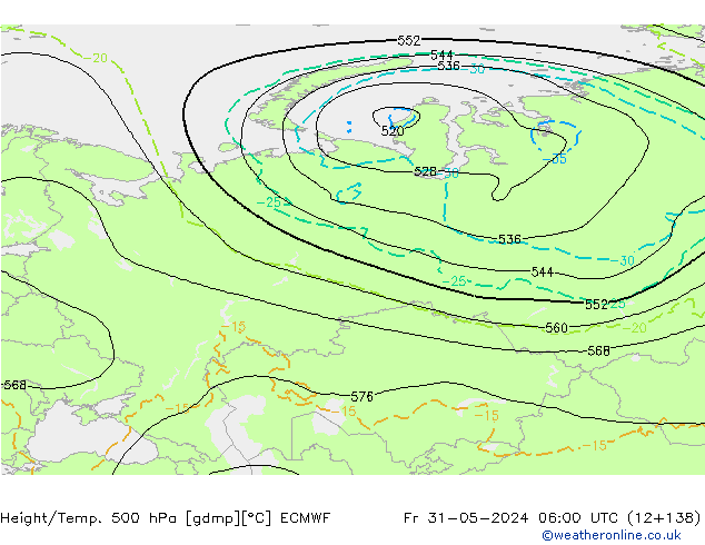 Z500/Rain (+SLP)/Z850 ECMWF Fr 31.05.2024 06 UTC