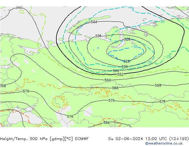 Z500/Rain (+SLP)/Z850 ECMWF Su 02.06.2024 12 UTC