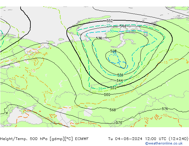 Height/Temp. 500 hPa ECMWF Tu 04.06.2024 12 UTC