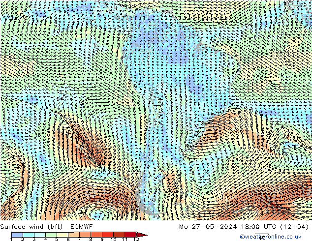 Rüzgar 10 m (bft) ECMWF Pzt 27.05.2024 18 UTC