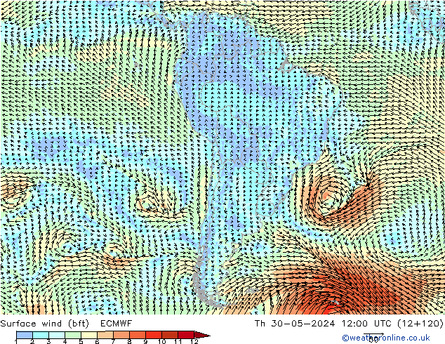 Viento 10 m (bft) ECMWF jue 30.05.2024 12 UTC