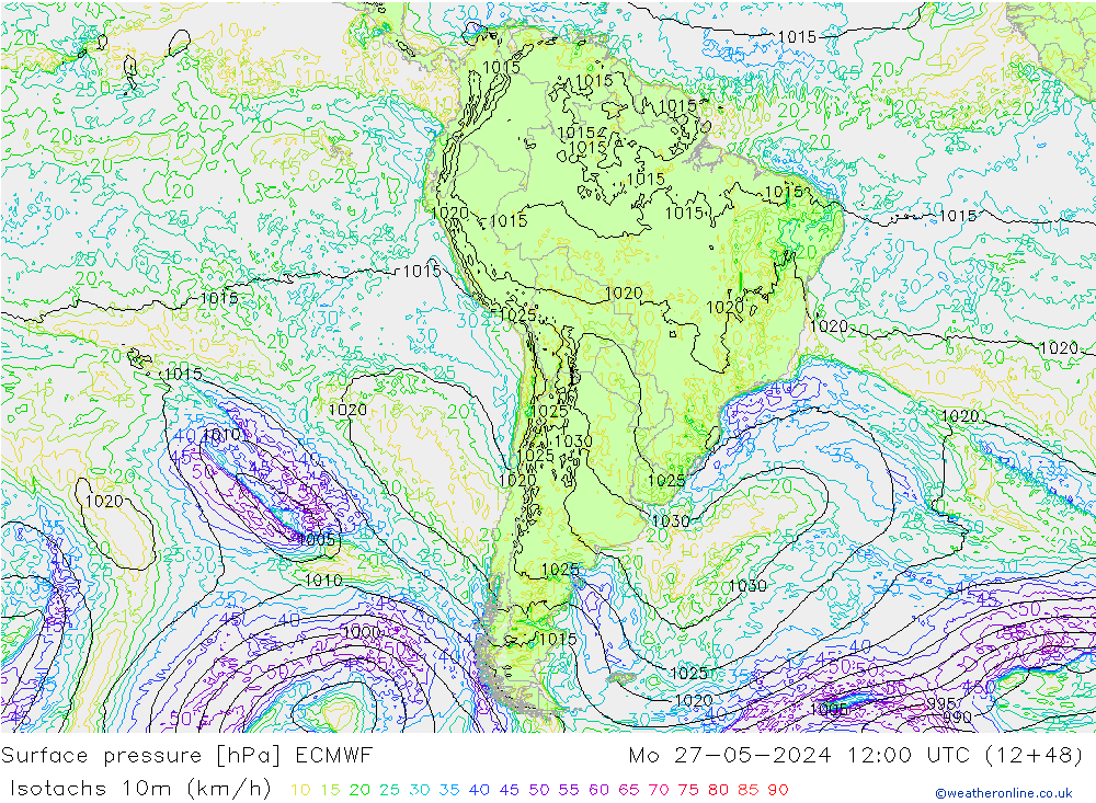 Isotachen (km/h) ECMWF Mo 27.05.2024 12 UTC