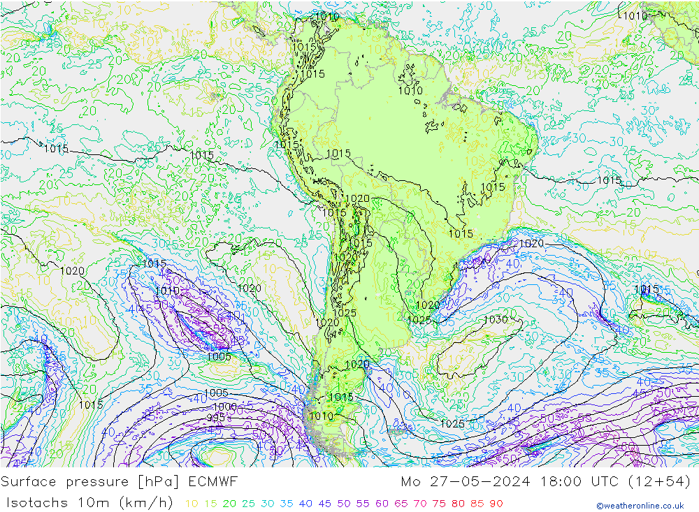 Izotacha (km/godz) ECMWF pon. 27.05.2024 18 UTC