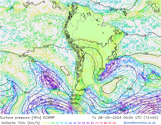 Isotaca (kph) ECMWF mar 28.05.2024 00 UTC