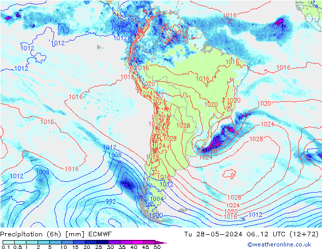 Z500/Rain (+SLP)/Z850 ECMWF вт 28.05.2024 12 UTC