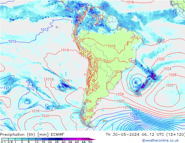 Precipitação (6h) ECMWF Qui 30.05.2024 12 UTC