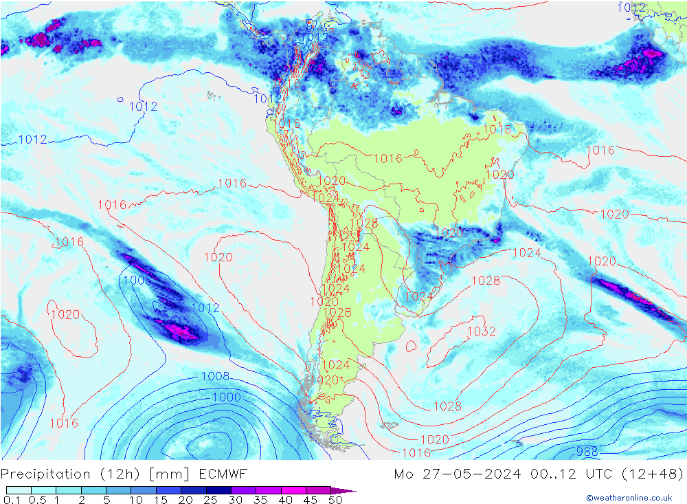 Totale neerslag (12h) ECMWF ma 27.05.2024 12 UTC