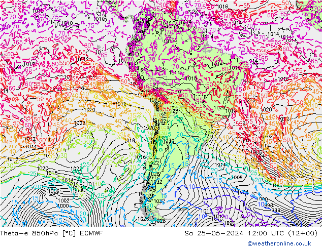 Theta-e 850hPa ECMWF so. 25.05.2024 12 UTC