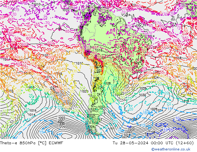 Theta-e 850hPa ECMWF  28.05.2024 00 UTC