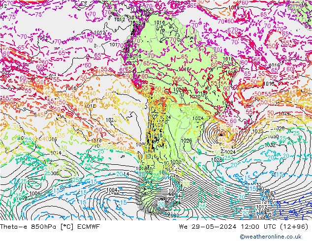 Theta-e 850hPa ECMWF śro. 29.05.2024 12 UTC